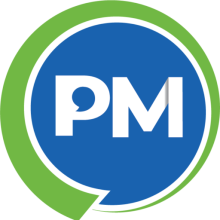 The initials PM inside a blue talk bubble