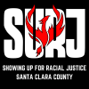 Black background, large white block letters reading SURJ with a red phoenix rising from the ashes overlaid, and smaller text below reading Showing Up for Racial Justice Santa Clara County